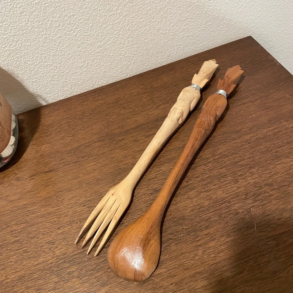 Vintage Wood Carved African Tribal Salad Utensils Serving Set